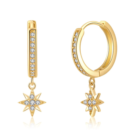 14k Gold Hoop Dangle Star Earrings